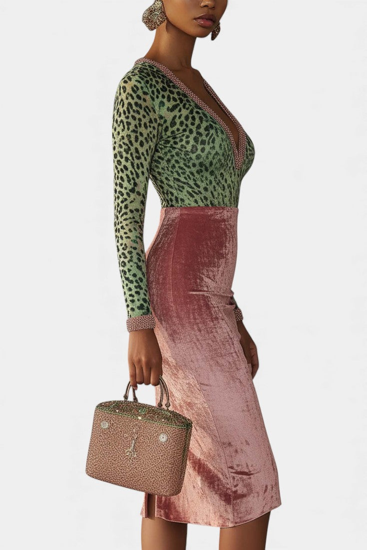 Leanne™ Midi Bodycon Dress in Pink and Green Velvet with Leopard Print