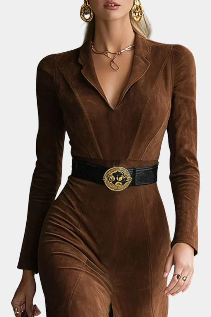Michelle™ Midi Split Dress in Synthetic Suede Retro Western Style