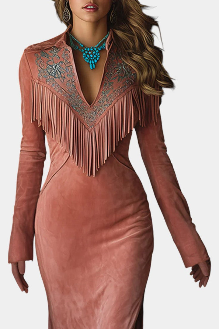 Amber™ Maxi Dress in Synthetic Suede Pink Embroidered with Western Fringes
