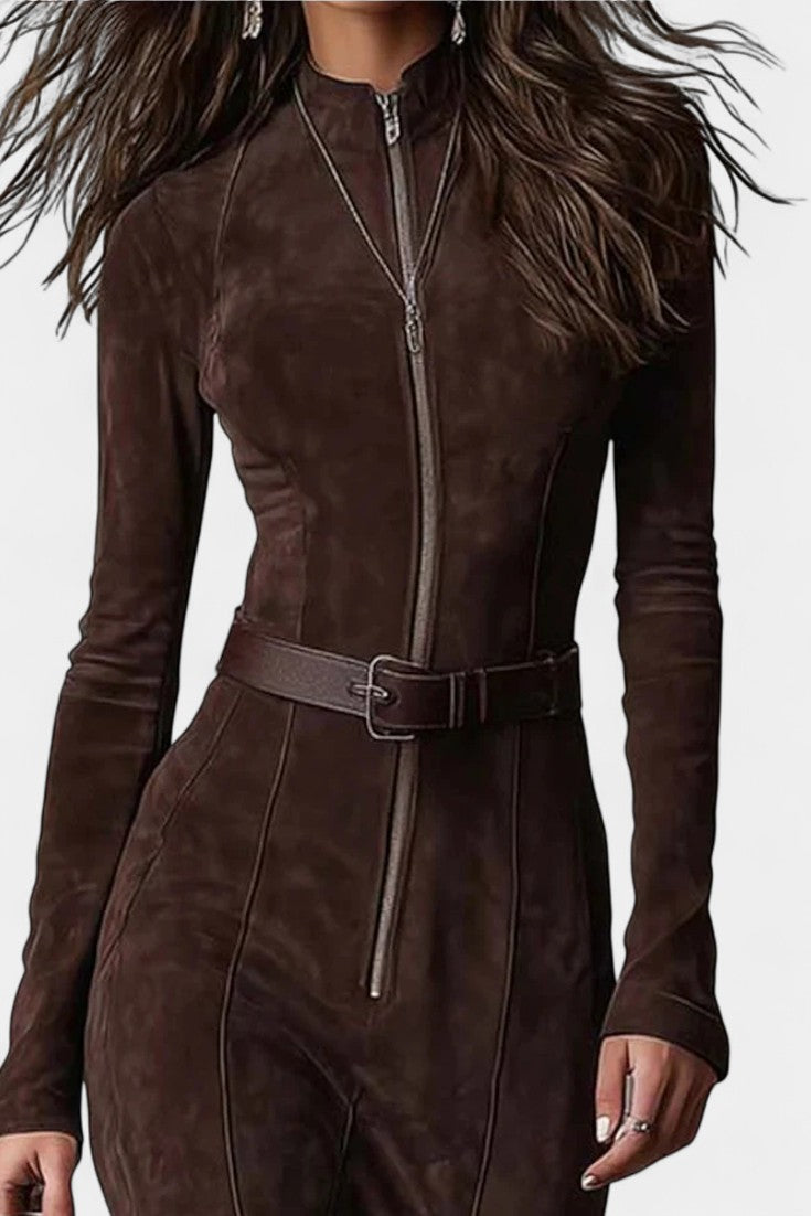 Perrine Vintage Brown Maxi Dress with Zipper and Belt