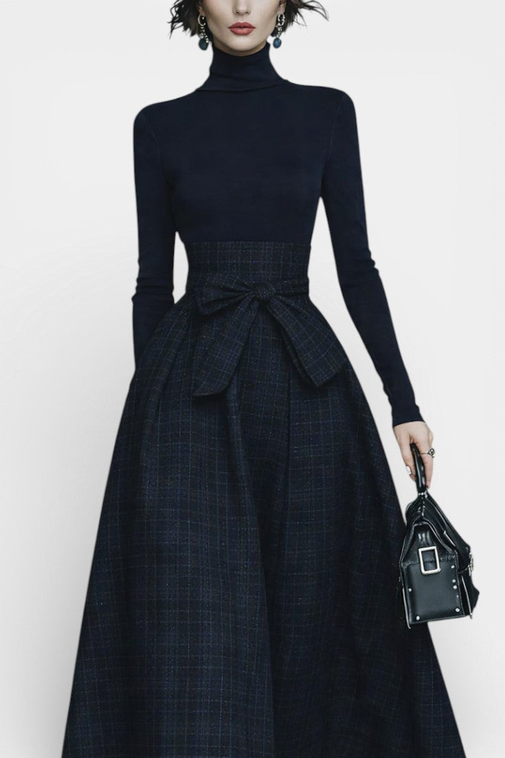 Angelika Ensemble High Neck Midnight Blue and Checkered Skirt