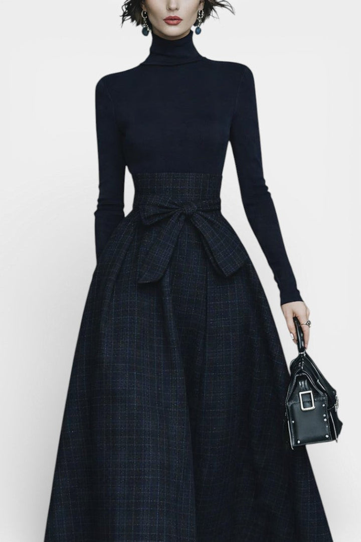 Angelika Ensemble High Neck Midnight Blue and Checkered Skirt