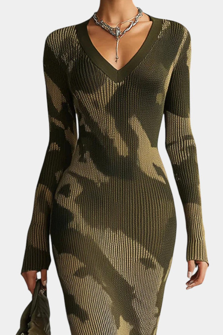 Sharon™ Midi Textured Camouflage Olive Fringe Dress with V-Neck