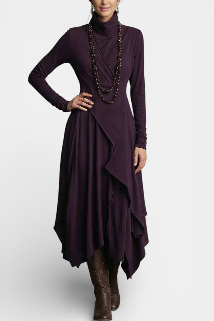 Ébeline Irregular Long Dress with High Neck in Gothic and Bohemian Inspiration