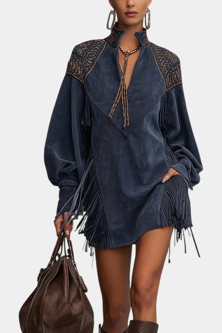 Beverley™ Mini Indigo Dress with High Collar, Embroidery, and Fringes