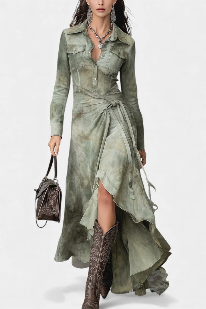 Sigrid Maxi Slim Tie-Dye Dress in Sage Suede