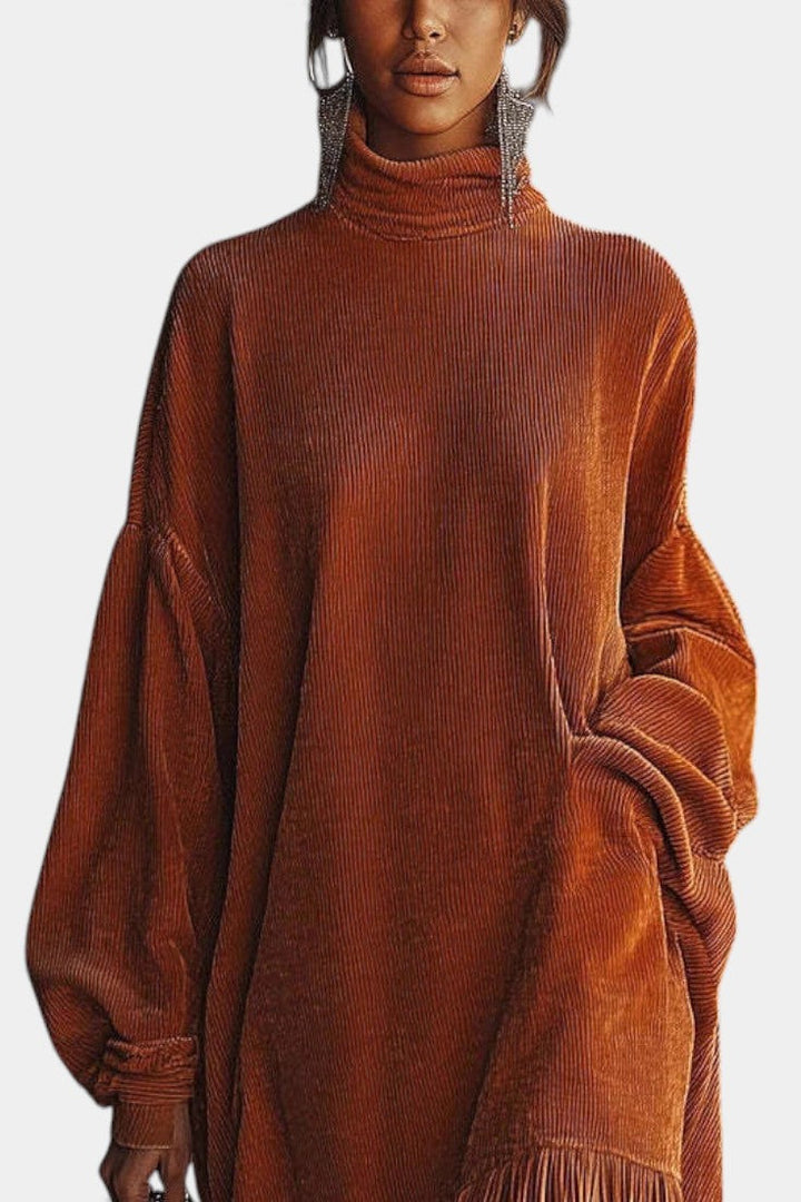 Kathryn™ Velvet Corduroy Dress in Orange with High Collar and Fringed Hem
