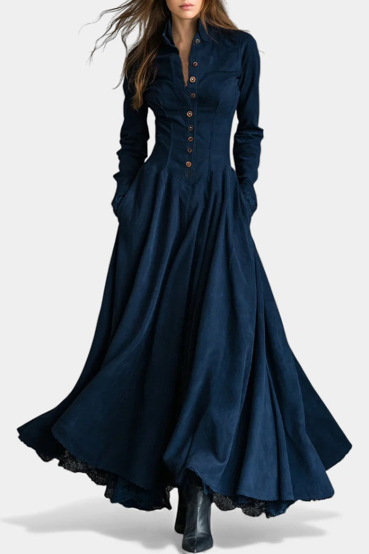 Maravilla Long Suede Dress with Shirt Collar and Lace