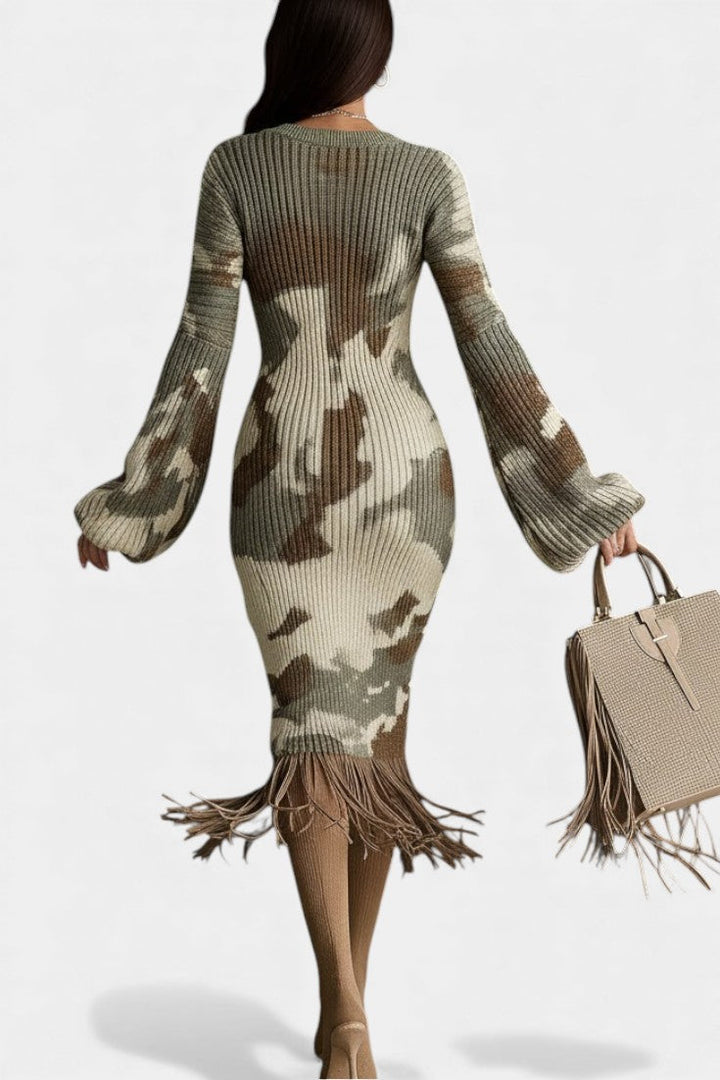 Maree™ Midi Textured Camouflage Brown Fringe Dress with V-Neck