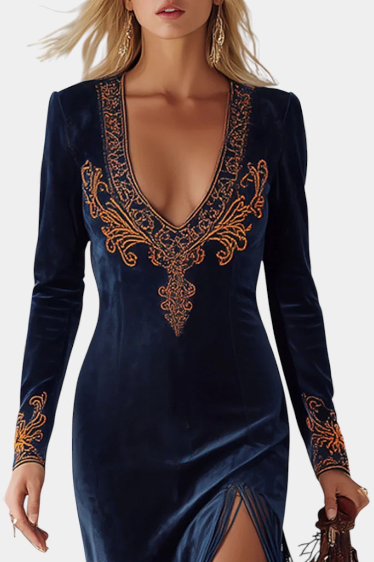 Lisa™ Long Dress with Slit and Ethnic Embroidered Fringes