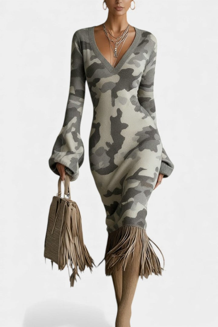 Glenda™ Midi Textured Camouflage Gray Fringe Dress with V-Neck