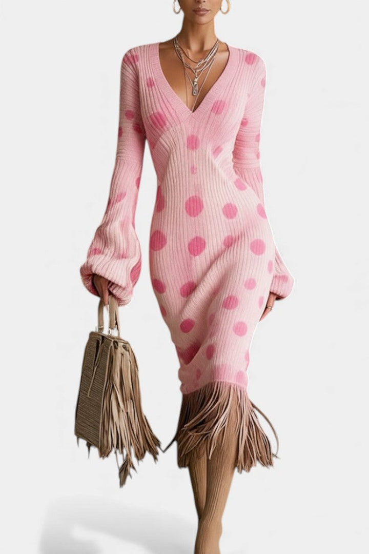 Linda™ Fringe Textured Midi Dress with Pink Polka Dots