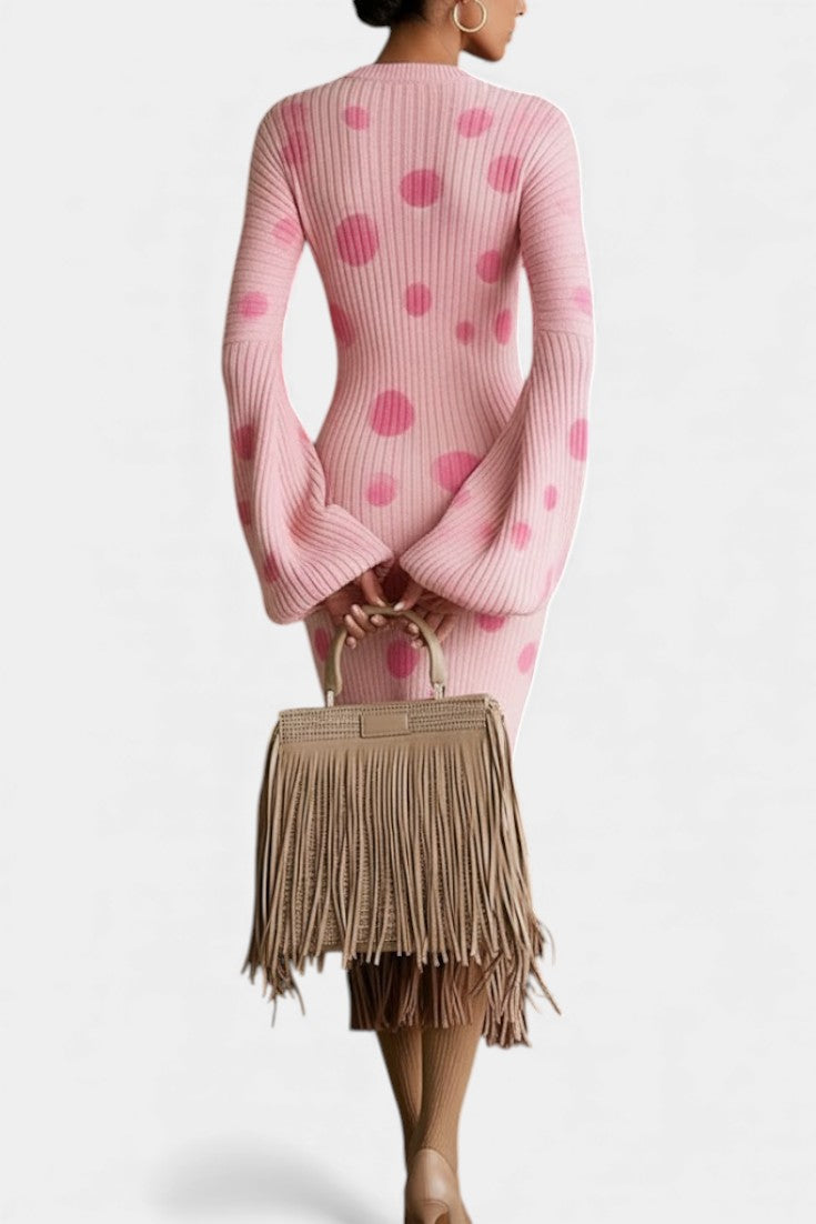 Linda™ Fringe Textured Midi Dress with Pink Polka Dots