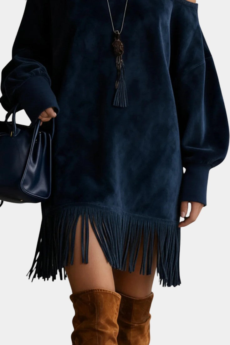 Janine™ Navy Suede Dress with Off-the-Shoulder Design and Fringed Hem