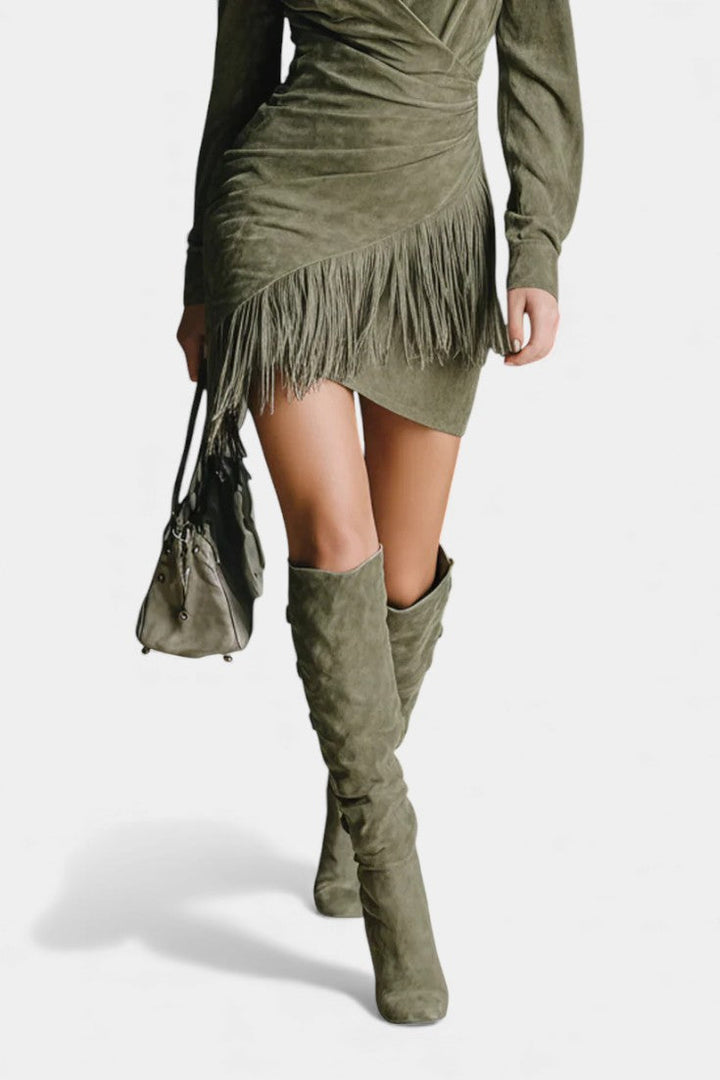 Ottilia™ Mini Wrap Dress in Olive Suede