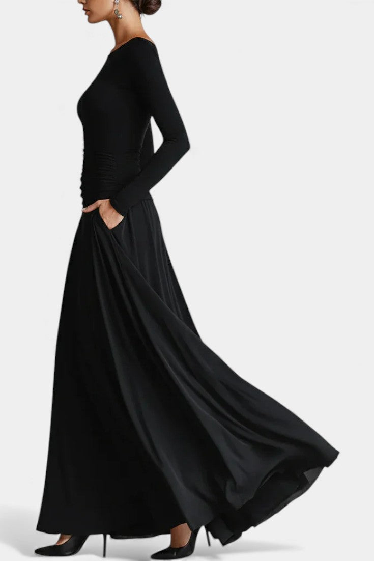 Stelline Long Pleated Dress in Modern Black Crepe