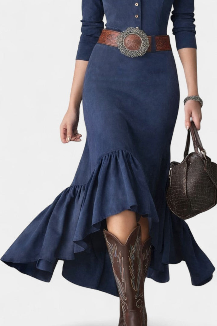 Louna Navy Blue High Collar Maxi Dress with Buttons and Asymmetrical Hem