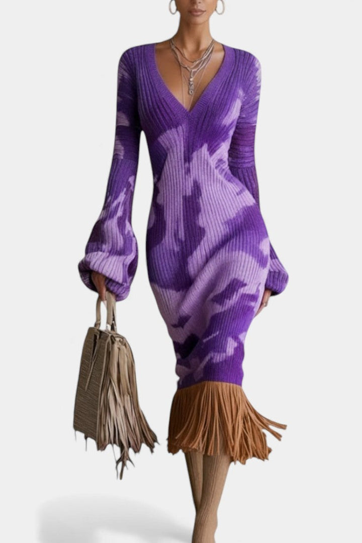 Tracey™ Midi Camouflage Purple Textured Fringe Dress & V-Neck