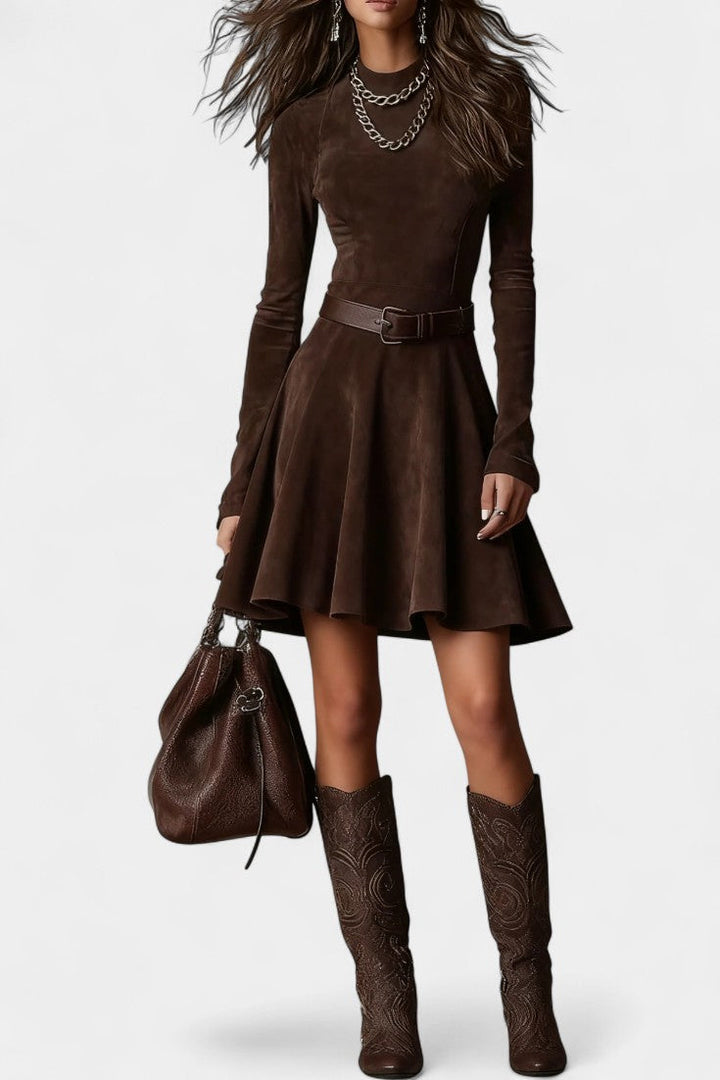 Marlyène Dark Brown Suede Mini Dress with High Collar Vintage