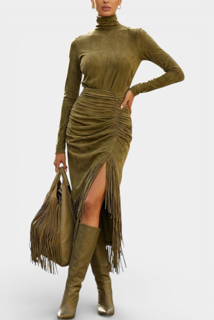 Solaria™ Long Suede Dress with High Collar and Draped Fringe
