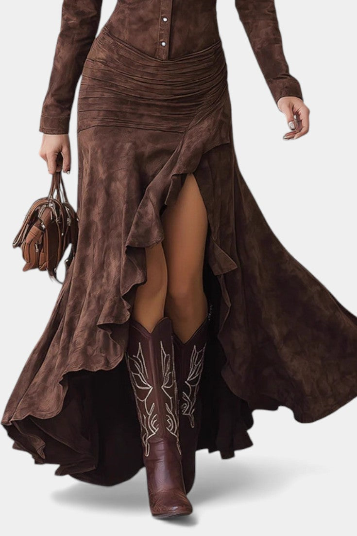 Tilda™ Long Brown Retro Dress with Irregular Ruffles