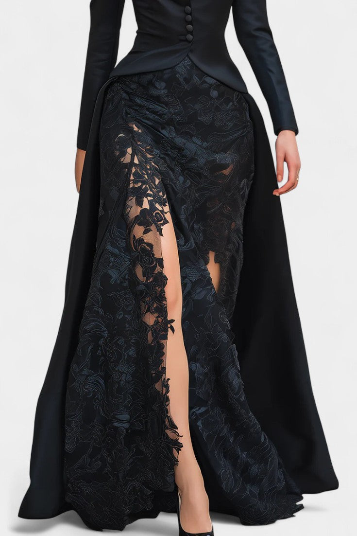 Flavienne Long Satin and Black Lace Blazer Dress