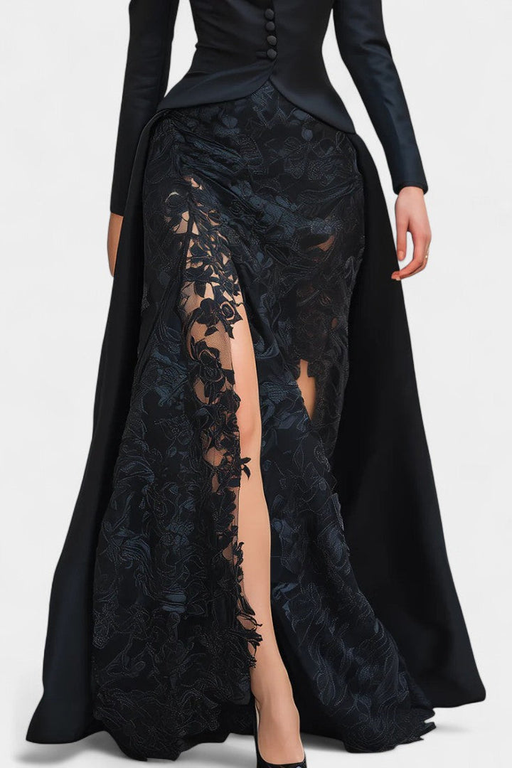 Flavienne Long Satin and Black Lace Blazer Dress