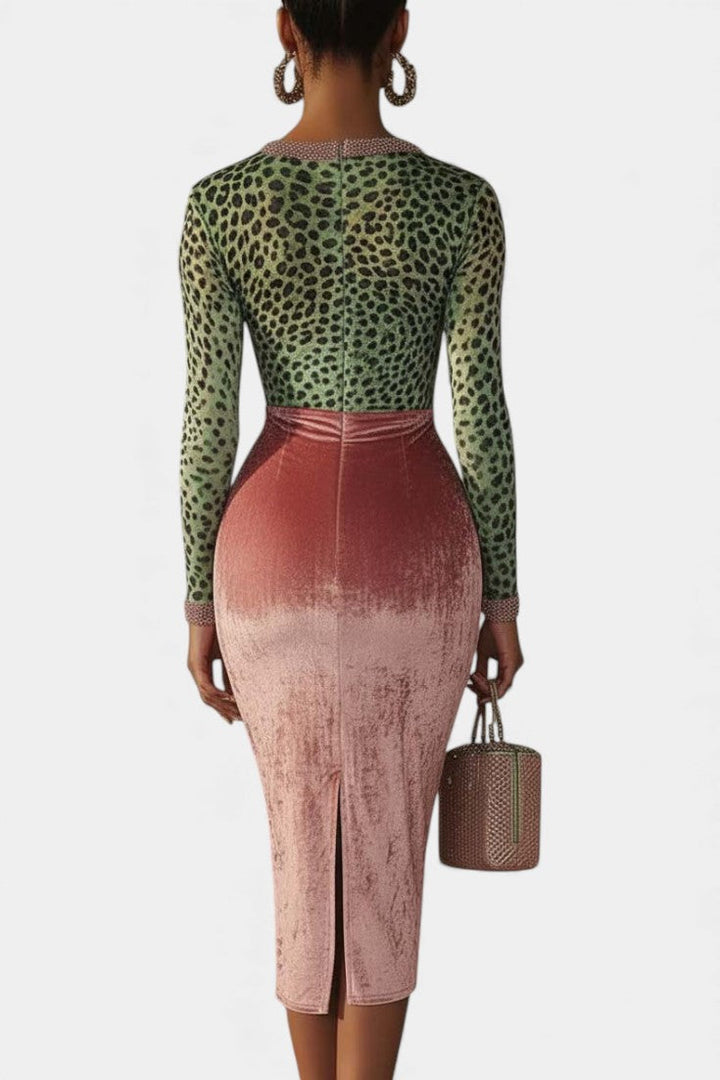 Leanne™ Midi Bodycon Dress in Pink and Green Velvet with Leopard Print