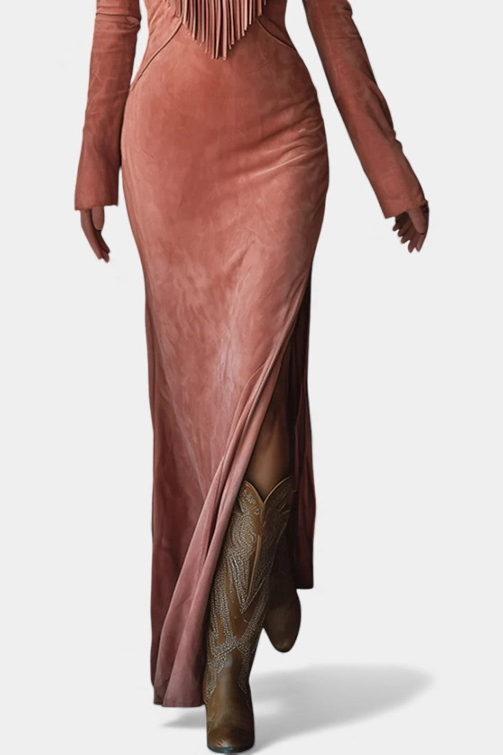 Amber™ Maxi Dress in Synthetic Suede Pink Embroidered with Western Fringes