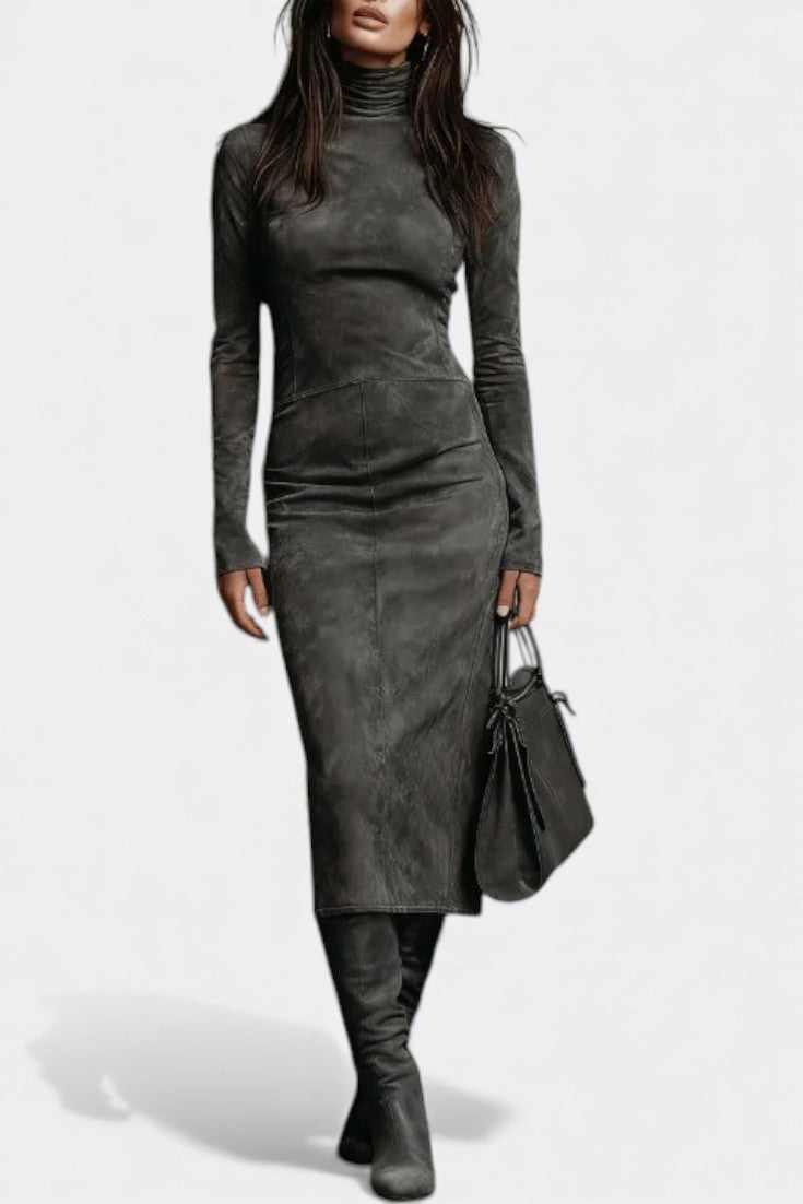 Océane Midi Dress in Suede with High Collar and Long Sleeves