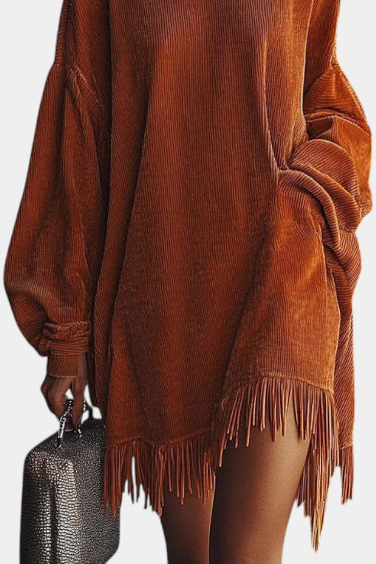 Kathryn™ Velvet Corduroy Dress in Orange with High Collar and Fringed Hem