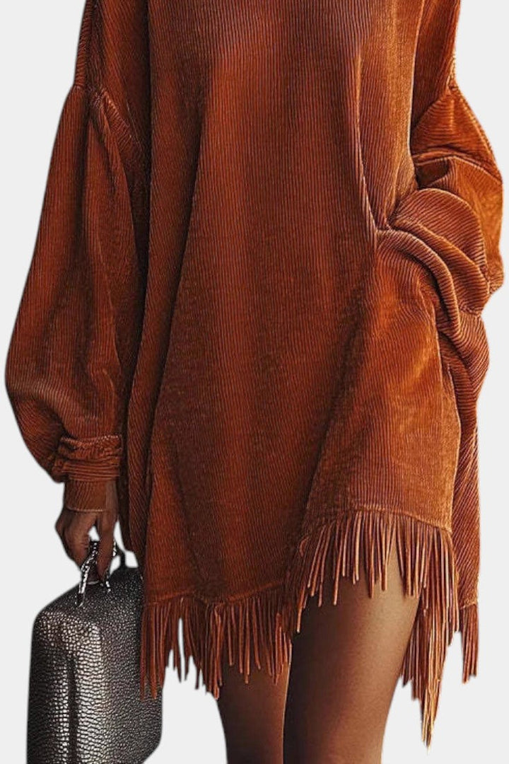 Kathryn™ Velvet Corduroy Dress in Orange with High Collar and Fringed Hem