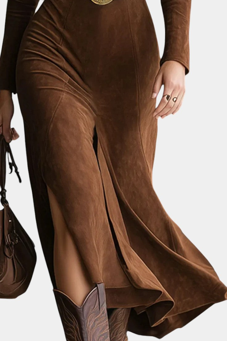 Michelle™ Midi Split Dress in Synthetic Suede Retro Western Style