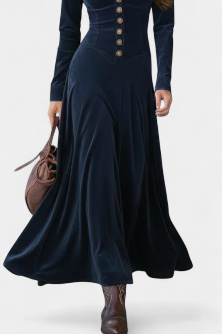 Romy Long Suede Dress with Buttons and Plunging Neckline