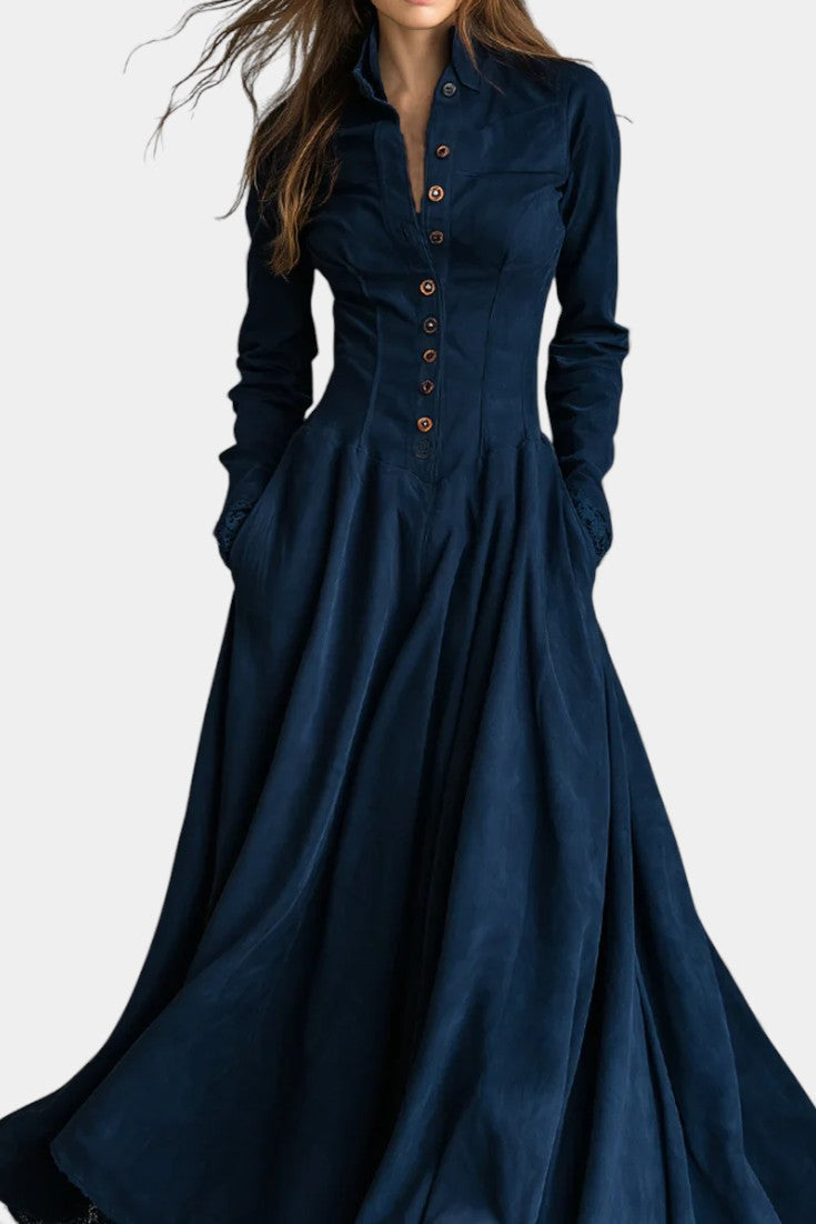 Maravilla Long Suede Dress with Shirt Collar and Lace