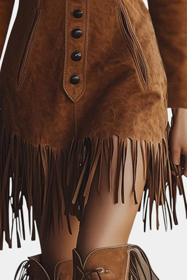 Erminia™ Long Brown Suede Dress with Sleeves and Western Fringe