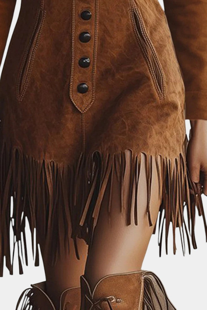 Erminia™ Long Brown Suede Dress with Sleeves and Western Fringe