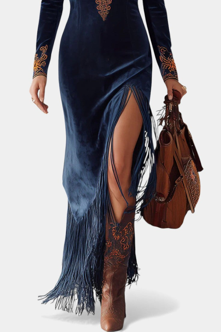 Lisa™ Long Dress with Slit and Ethnic Embroidered Fringes