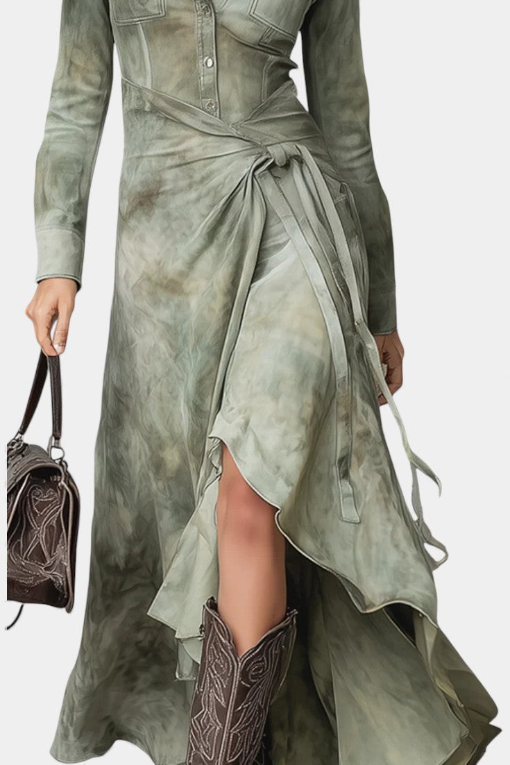Sigrid Maxi Slim Tie-Dye Dress in Sage Suede