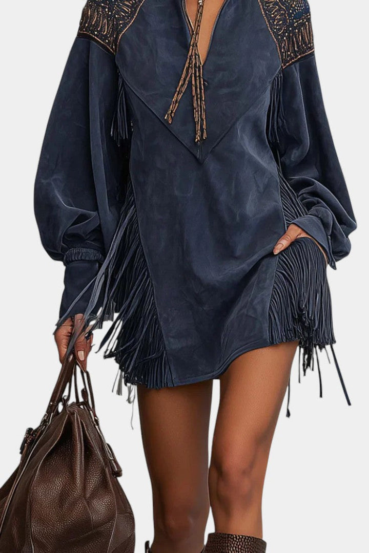 Beverley™ Mini Indigo Dress with High Collar, Embroidery, and Fringes
