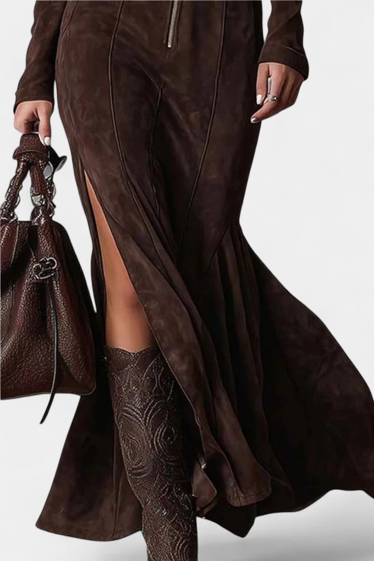 Perrine Vintage Brown Maxi Dress with Zipper and Belt