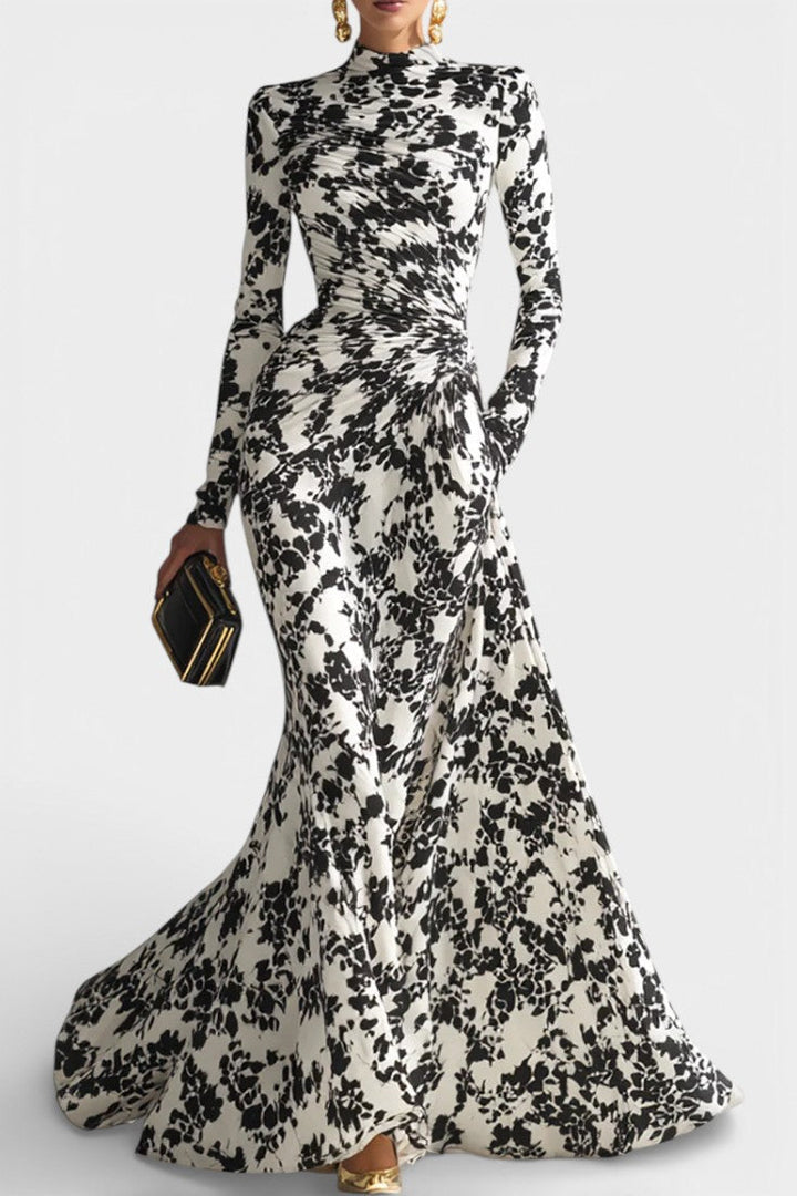 Amada Floral Black and White Wrap Dress with High Collar