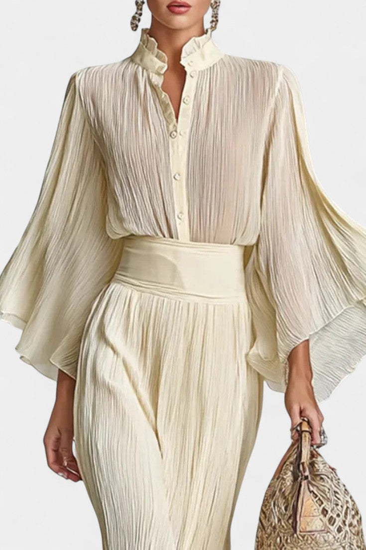 Valentine Two-Piece Ensemble with High Collar, Pleated and Long Split Skirt