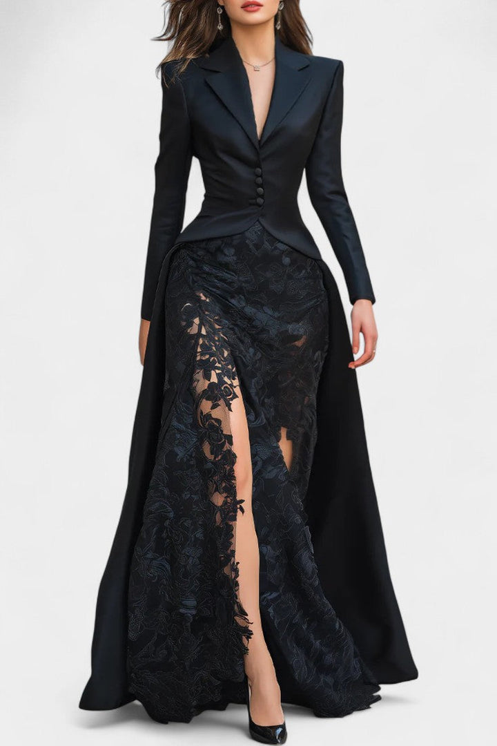 Flavienne Long Satin and Black Lace Blazer Dress