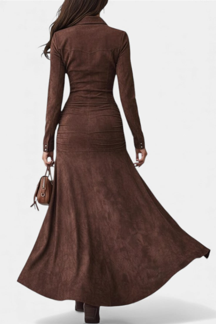 Tilda™ Long Brown Retro Dress with Irregular Ruffles