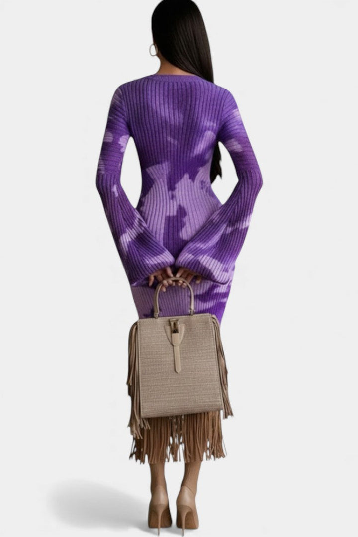 Tracey™ Midi Camouflage Purple Textured Fringe Dress & V-Neck