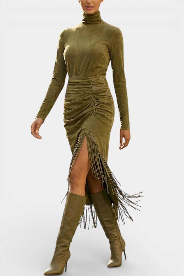 Solaria™ Long Suede Dress with High Collar and Draped Fringe