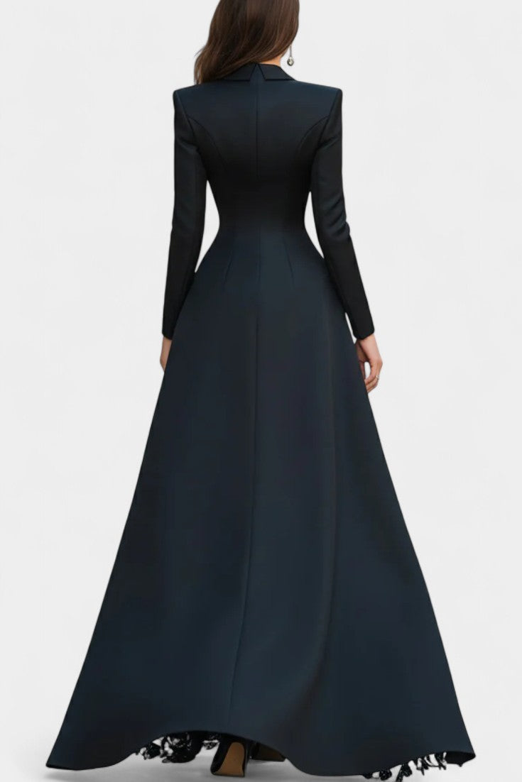 Flavienne Long Satin and Black Lace Blazer Dress
