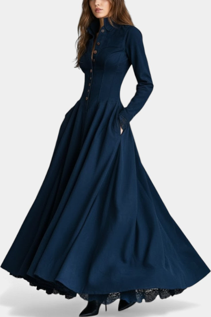 Maravilla Long Suede Dress with Shirt Collar and Lace