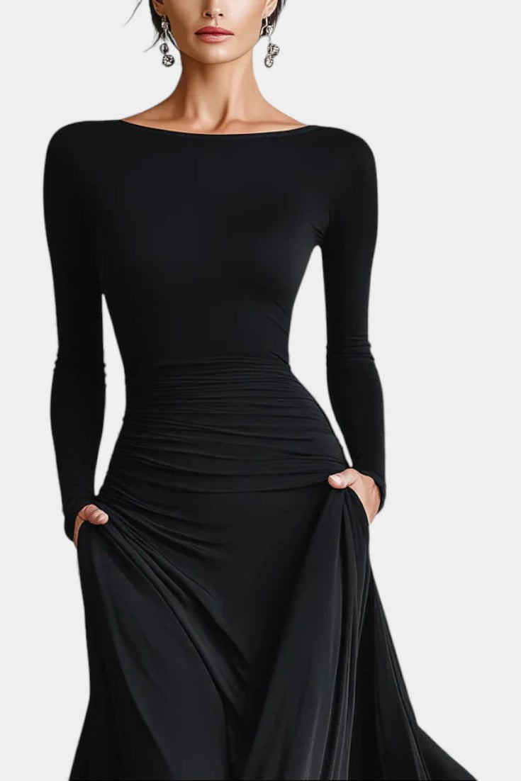 Stelline Long Pleated Dress in Modern Black Crepe